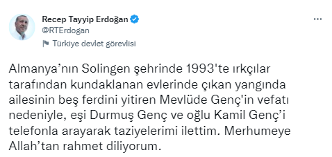 Cumhurbaşkanı Erdoğan’dan Mevlüde Genç için taziye mesajı
