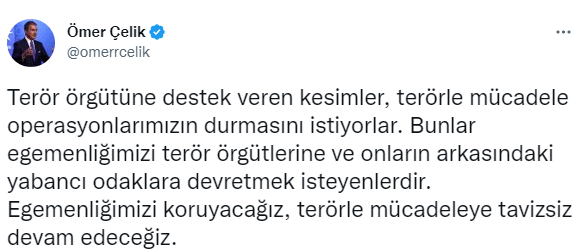 AK Parti Sözcüsü Çelik: “Egemenliğimizi koruyacağız, terörle mücadeleye tavizsiz devam edeceğiz”