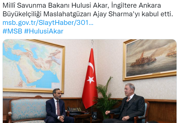 Bakan Akar, İngiltere Ankara Büyükelçiliği Maslahatgüzarı Sharma’yı kabul etti