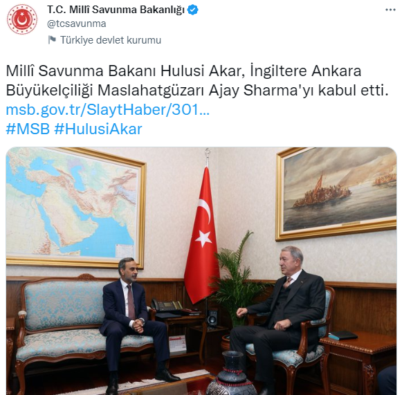 Bakan Akar, İngiltere Ankara Büyükelçiliği Maslahatgüzarı Sharma’yı kabul etti