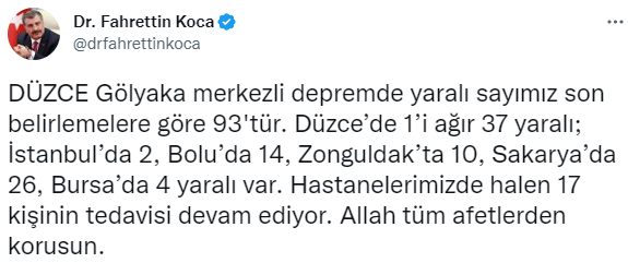 Bakan Koca, Düzce’deki depremde yaralananların son durumunu paylaştı