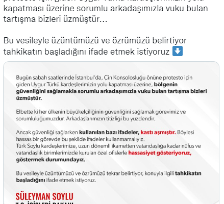 Bakan Soylu’dan Çin Konsolosluğu önündeki eylemde polisin kullandığı ifadelere ilişkin açıklama