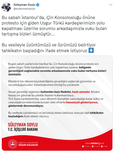 Bakan Soylu’dan Çin Konsolosluğu önündeki eylemde polisin kullandığı ifadelere ilişkin açıklama