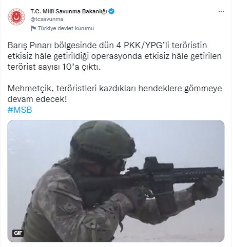 Barış Pınarı bölgesinde etkisiz hale getirilen terörist sayısı 10’a çıktı