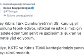 Cumhurbaşkanı Erdoğan, KKTC’nin 39. kuruluş yıl dönümünü kutladı