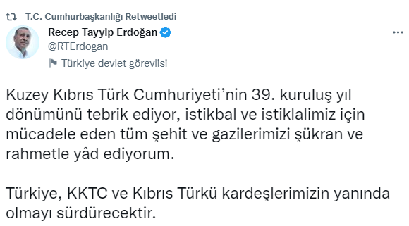 Cumhurbaşkanı Erdoğan, KKTC’nin 39. kuruluş yıl dönümünü kutladı