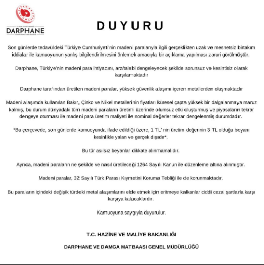 Darphane’den 1 TL açıklaması