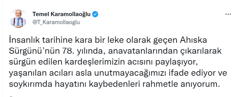 Karamollaoğlu’dan Ahıska Sürgünü’nün 78. yılı mesajı
