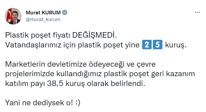 Bakan Kurum: “Plastik poşet fiyatı değişmedi”