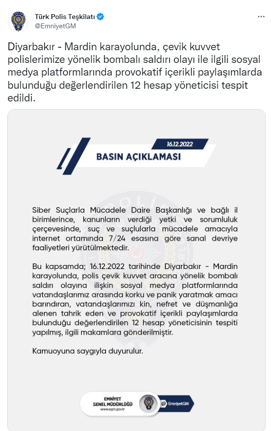 EGM: “Provokatif paylaşım yapan 12 hesap yöneticisinin tespiti yapıldı”