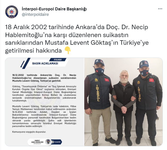 Kırmızı bültenle aranan Mustafa Levent Göktaş, yakalanarak Türkiye’ye getirildi