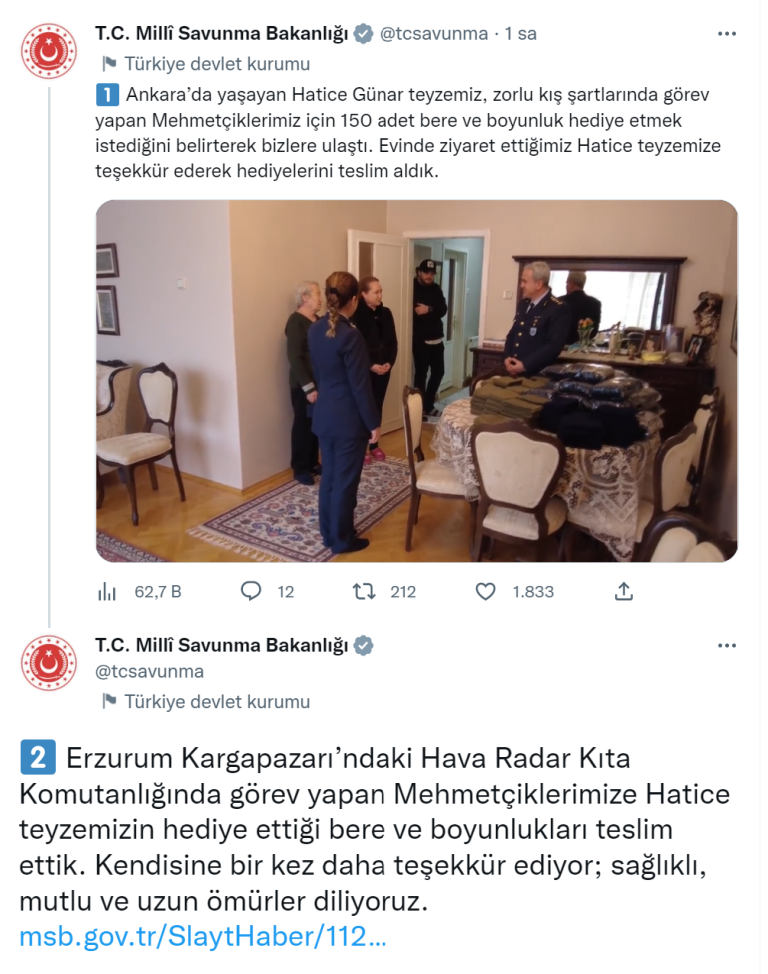 Hatice teyze, askerlere bere ve boyunluk hediye etti